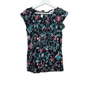 LC Lauren Conrad Floral Blouse Size S Black Blue Boho Work Top